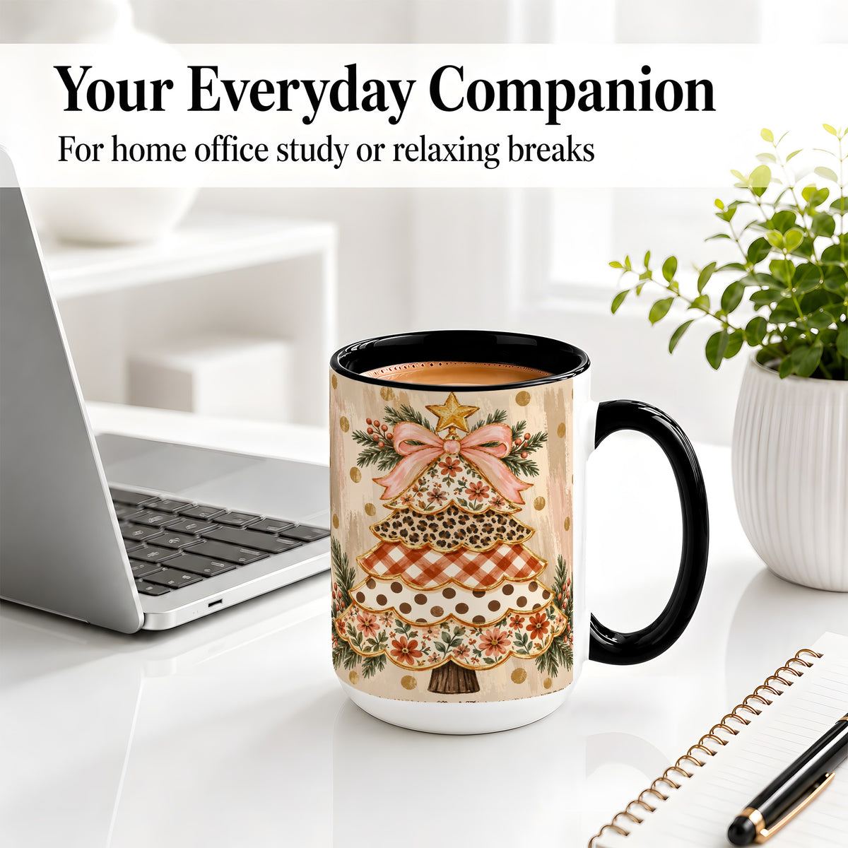 #pl[15oz|Black] Patchwork Christmas Tree Ceramic Mug, Floral Plaid Holiday Art