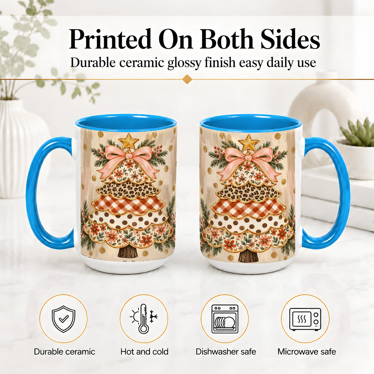 #pl[15oz|Blue] Patchwork Christmas Tree Ceramic Mug, Floral Plaid Holiday Art
