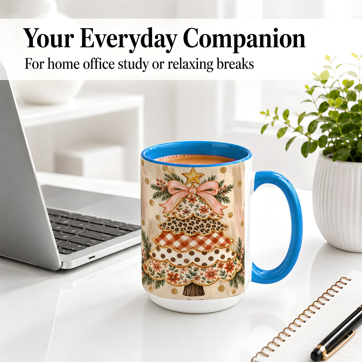 #pl[15oz|Blue] Patchwork Christmas Tree Ceramic Mug, Floral Plaid Holiday Art