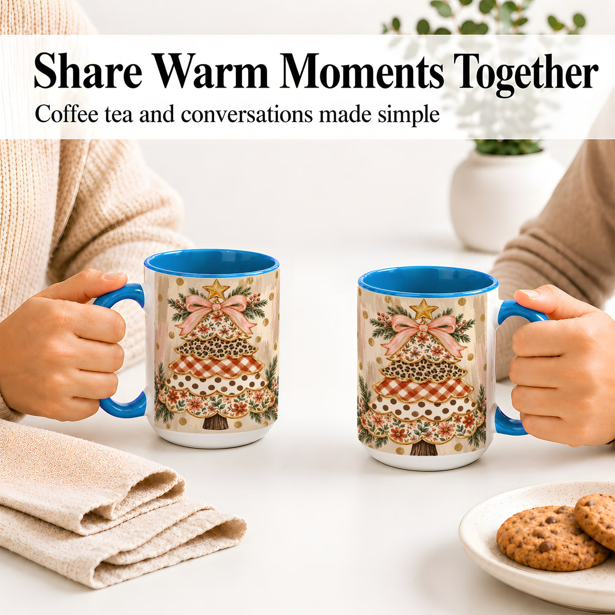 #pl[15oz|Blue] Patchwork Christmas Tree Ceramic Mug, Floral Plaid Holiday Art
