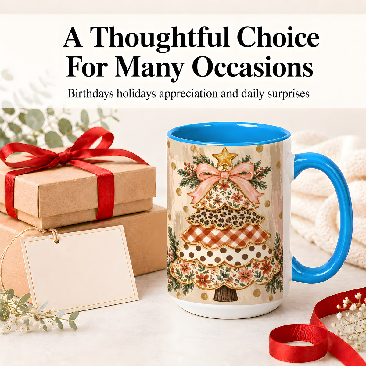 #pl[15oz|Blue] Patchwork Christmas Tree Ceramic Mug, Floral Plaid Holiday Art