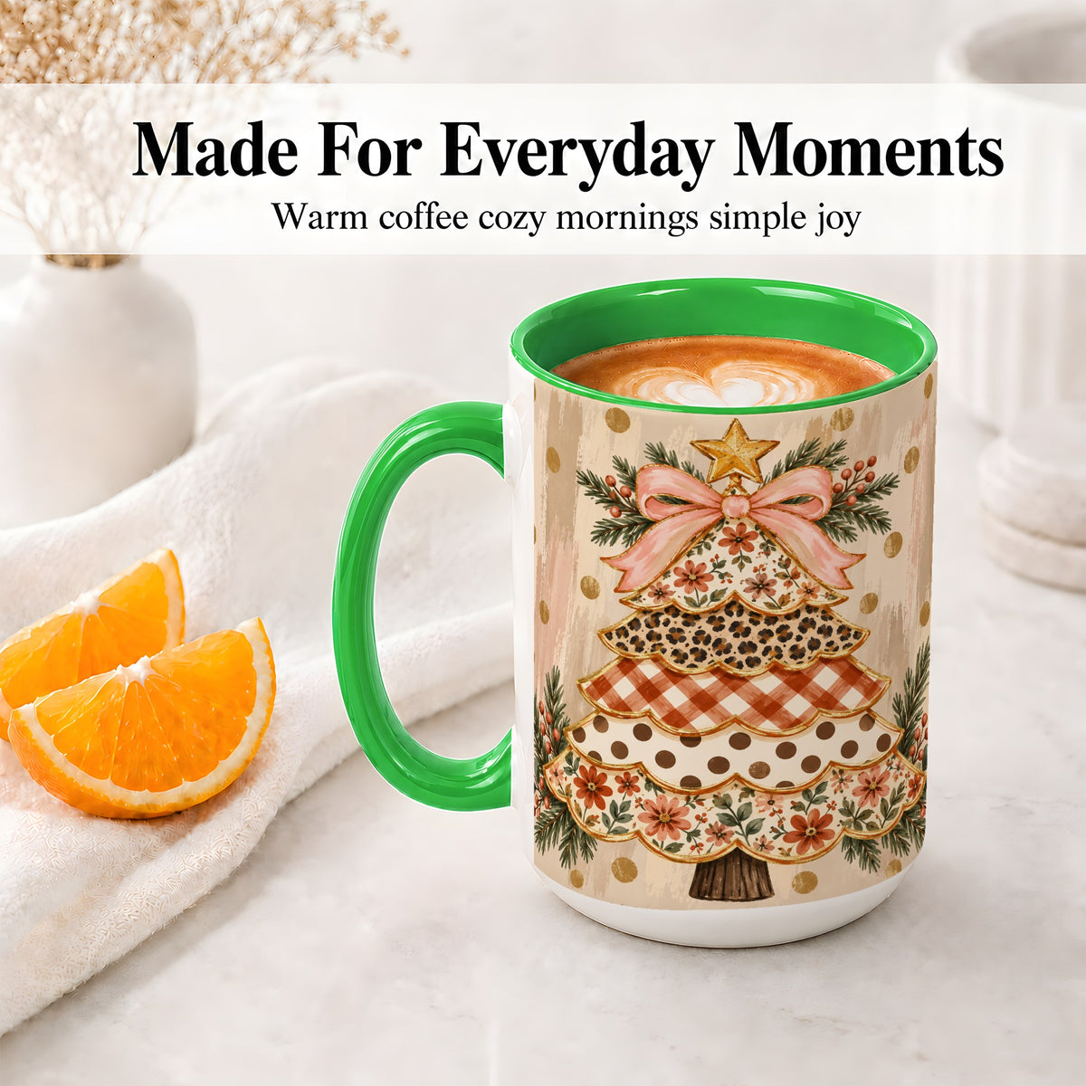 #pl[15oz|Green] Patchwork Christmas Tree Ceramic Mug, Floral Plaid Holiday Art