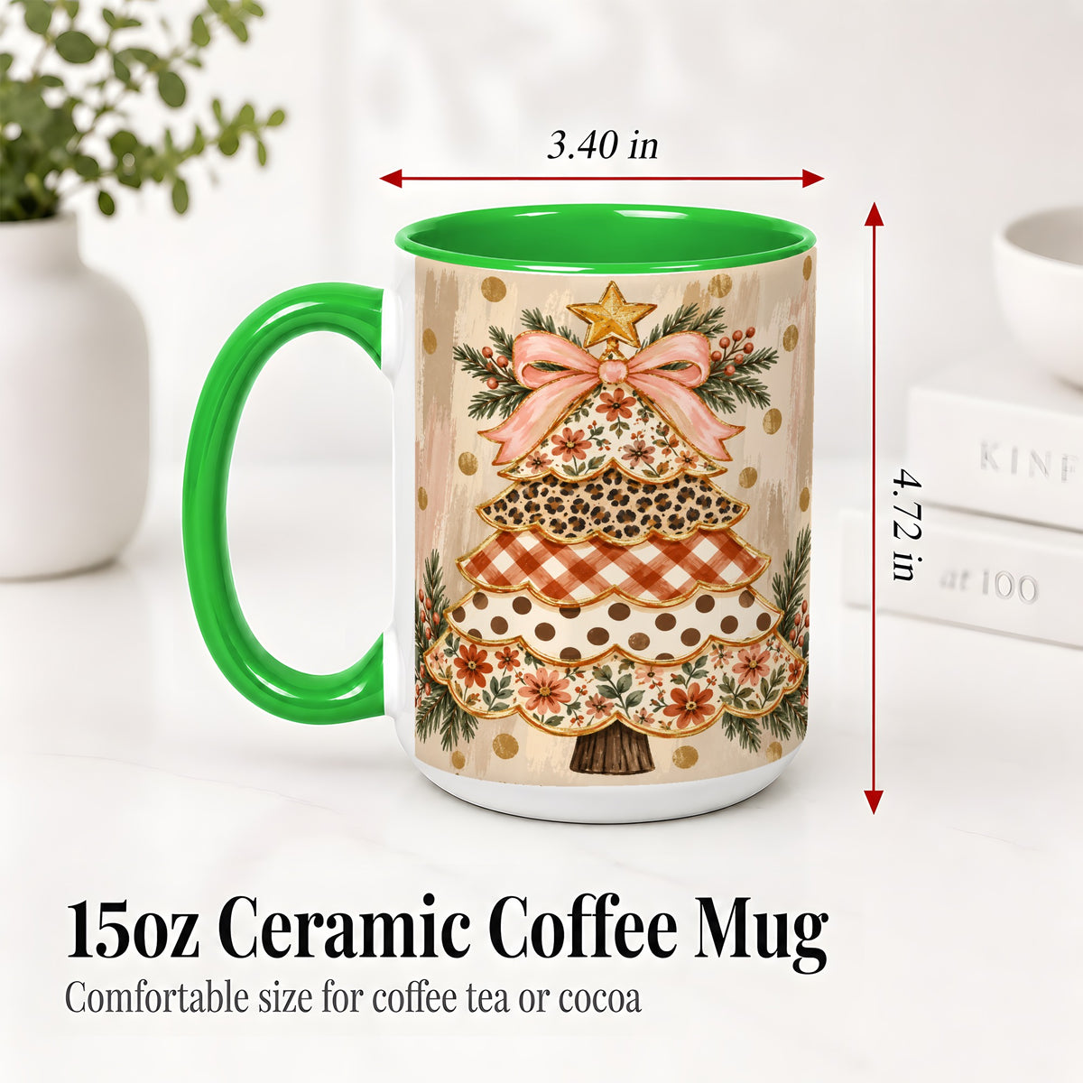 #pl[15oz|Green] Patchwork Christmas Tree Ceramic Mug, Floral Plaid Holiday Art