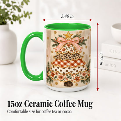 #pl[15oz|Green] Patchwork Christmas Tree Ceramic Mug, Floral Plaid Holiday Art