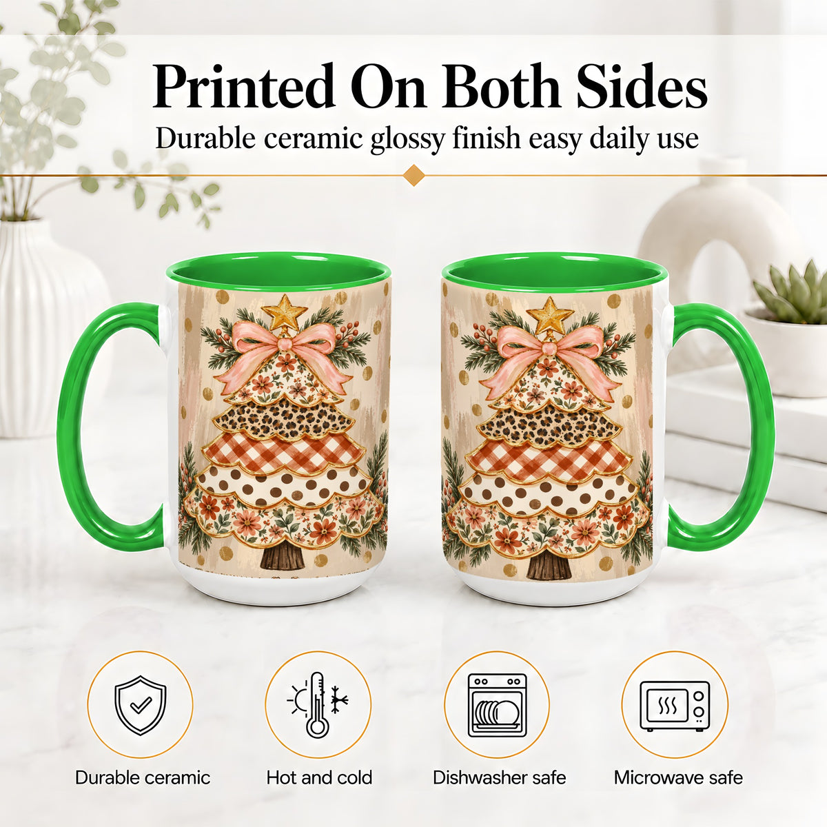 #pl[15oz|Green] Patchwork Christmas Tree Ceramic Mug, Floral Plaid Holiday Art