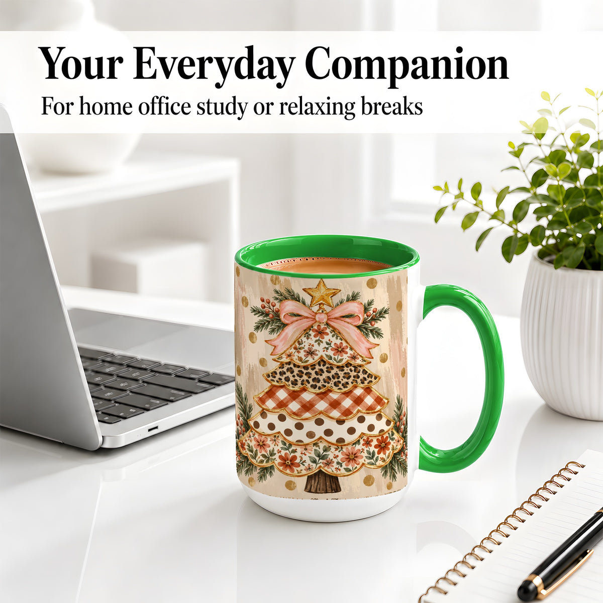 #pl[15oz|Green] Patchwork Christmas Tree Ceramic Mug, Floral Plaid Holiday Art