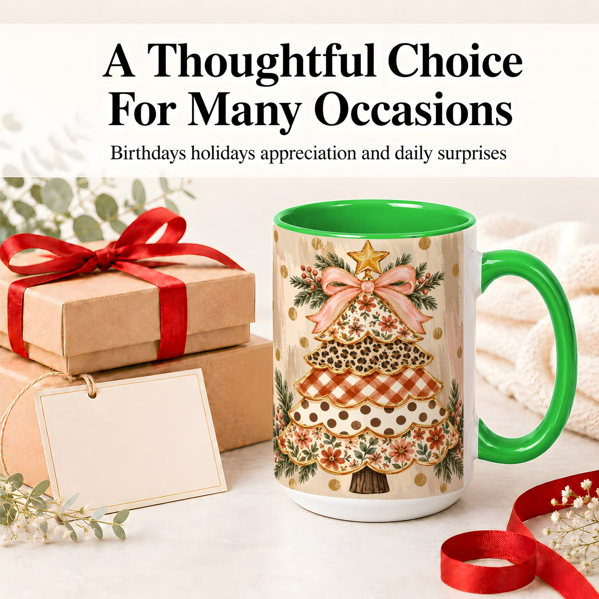 #pl[15oz|Green] Patchwork Christmas Tree Ceramic Mug, Floral Plaid Holiday Art