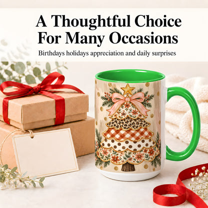 #pl[15oz|Green] Patchwork Christmas Tree Ceramic Mug, Floral Plaid Holiday Art