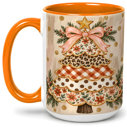 #pl[15oz|Orange] Patchwork Christmas Tree Ceramic Mug, Floral Plaid Holiday Art
