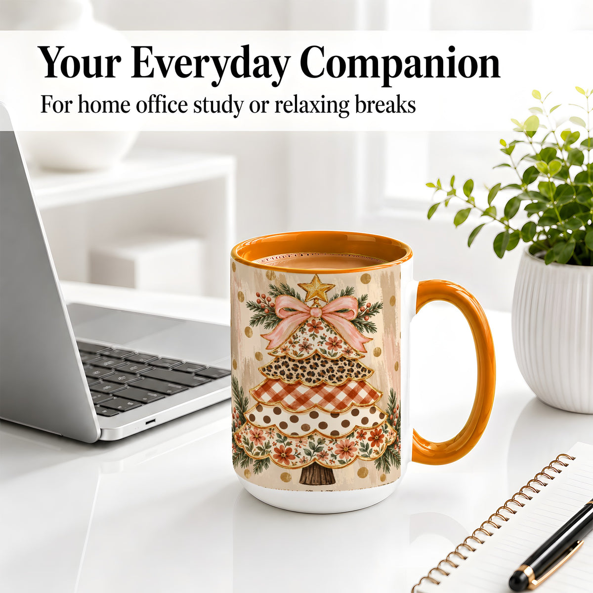 #pl[15oz|Orange] Patchwork Christmas Tree Ceramic Mug, Floral Plaid Holiday Art