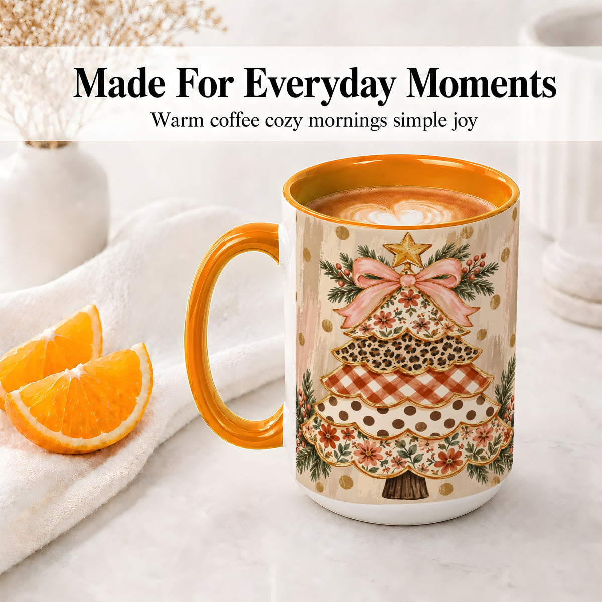 #pl[15oz|Orange] Patchwork Christmas Tree Ceramic Mug, Floral Plaid Holiday Art