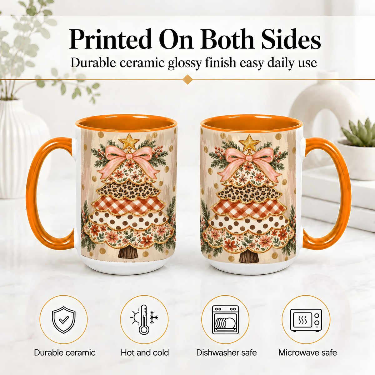 #pl[15oz|Orange] Patchwork Christmas Tree Ceramic Mug, Floral Plaid Holiday Art