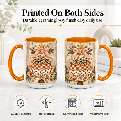#pl[15oz|Orange] Patchwork Christmas Tree Ceramic Mug, Floral Plaid Holiday Art