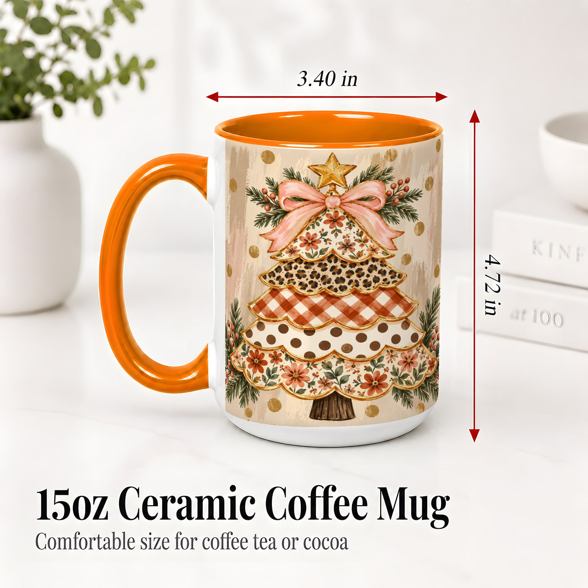 #pl[15oz|Orange] Patchwork Christmas Tree Ceramic Mug, Floral Plaid Holiday Art