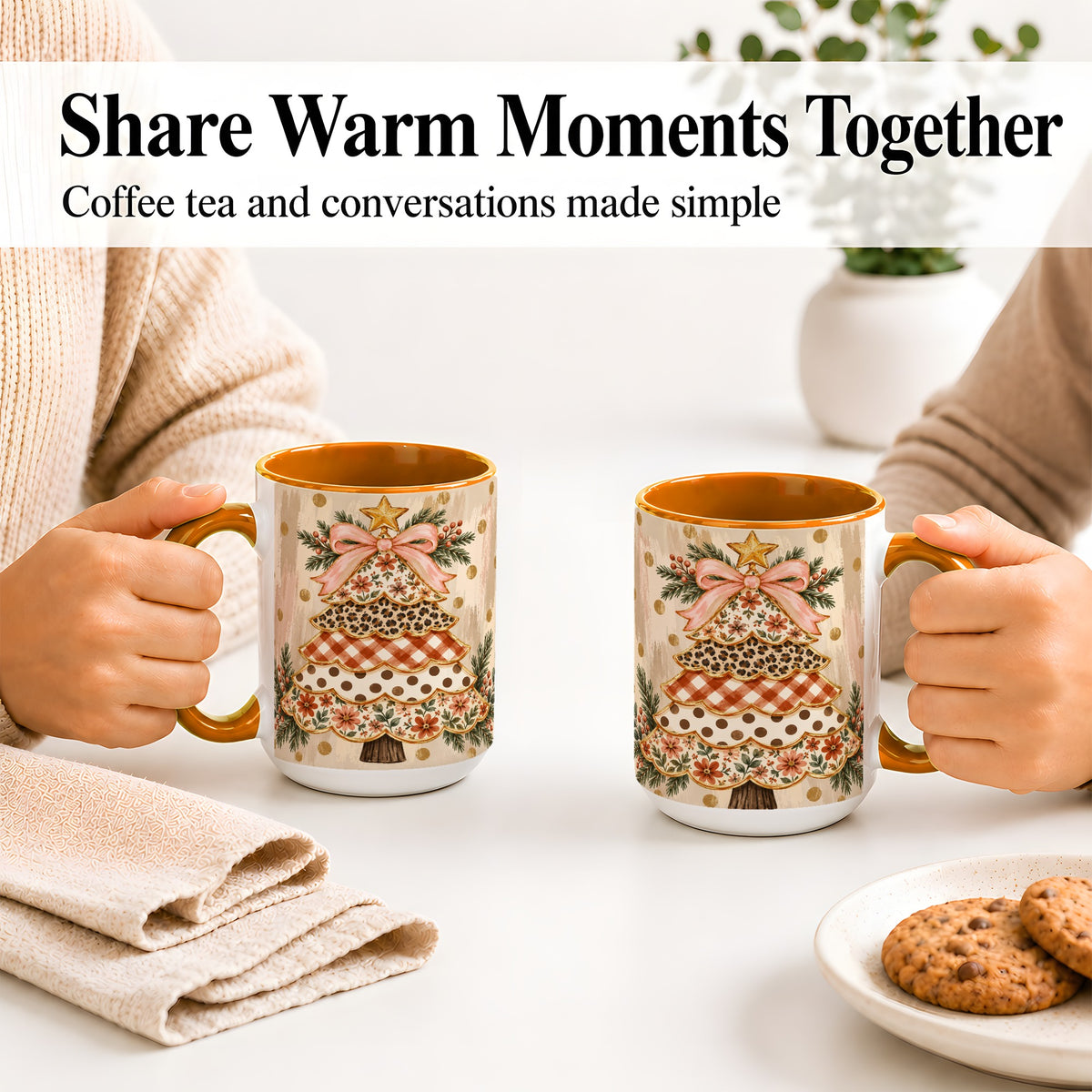 #pl[15oz|Orange] Patchwork Christmas Tree Ceramic Mug, Floral Plaid Holiday Art