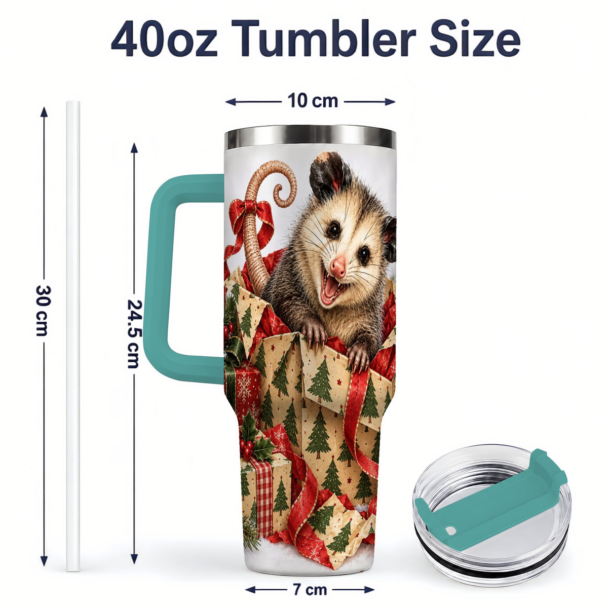 #pl[40oz|Green] Christmas Opossum 40oz Tumbler, Festive Gift Box Animal Artwork