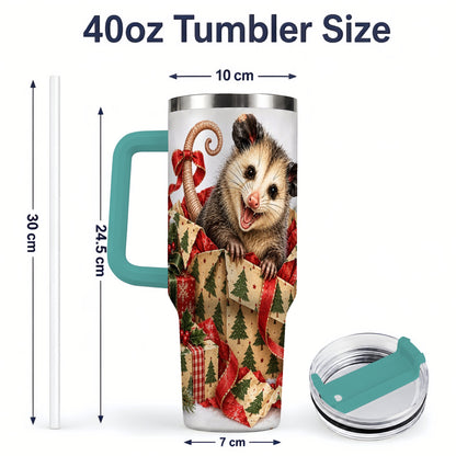 #pl[40oz|Green] Christmas Opossum 40oz Tumbler, Festive Gift Box Animal Artwork