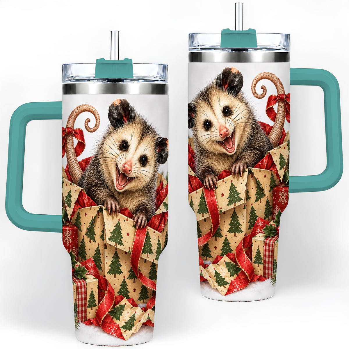 #pl[40oz|Green] Christmas Opossum 40oz Tumbler, Festive Gift Box Animal Artwork