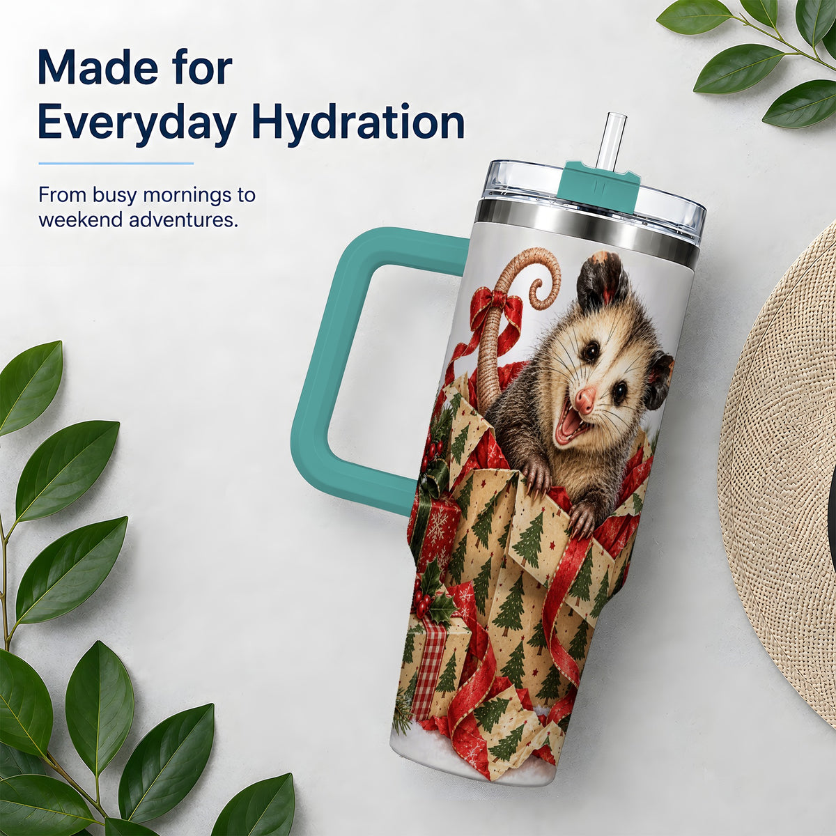 #pl[40oz|Green] Christmas Opossum 40oz Tumbler, Festive Gift Box Animal Artwork