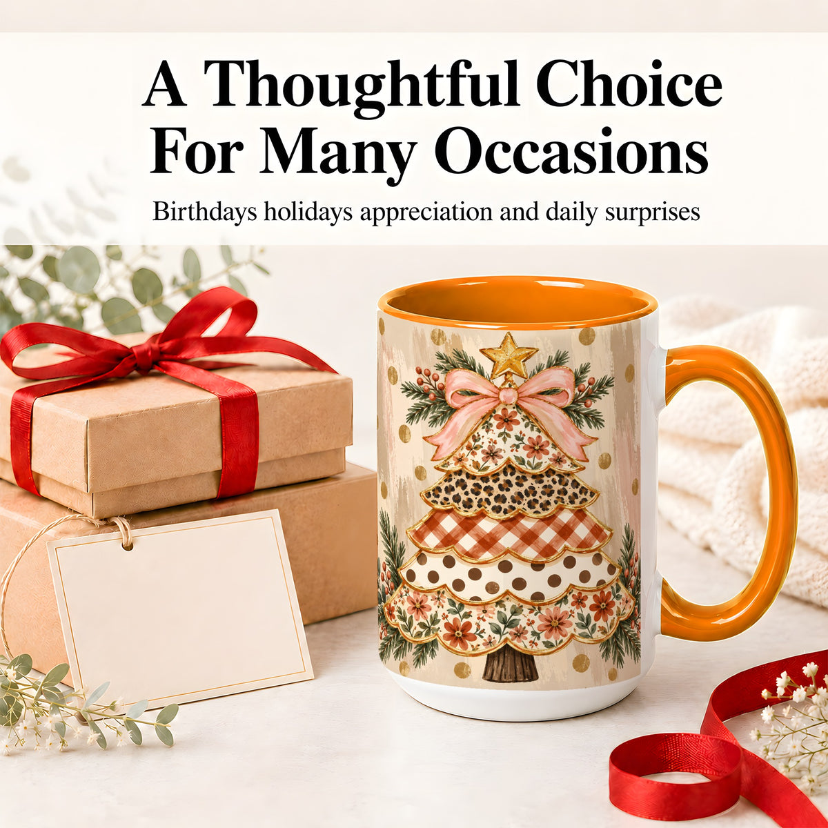 #pl[15oz|Orange] Patchwork Christmas Tree Ceramic Mug, Floral Plaid Holiday Art