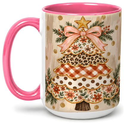 #pl[15oz|Pink] Patchwork Christmas Tree Ceramic Mug, Floral Plaid Holiday Art
