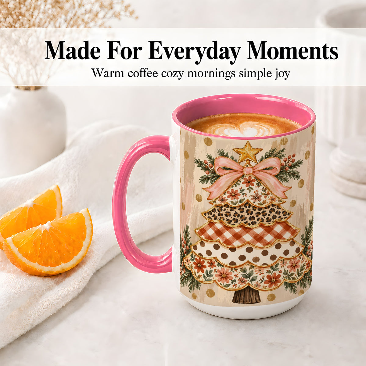 #pl[15oz|Pink] Patchwork Christmas Tree Ceramic Mug, Floral Plaid Holiday Art