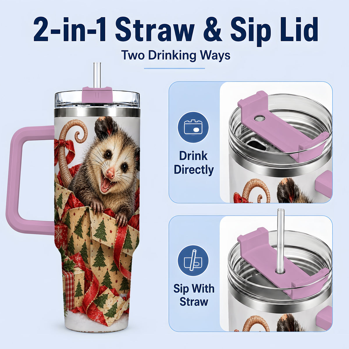 #pl[40oz|Pink] Christmas Opossum 40oz Tumbler, Festive Gift Box Animal Artwork