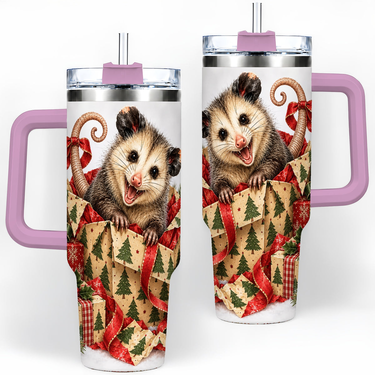 #pl[40oz|Pink] Christmas Opossum 40oz Tumbler, Festive Gift Box Animal Artwork