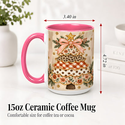 #pl[15oz|Pink] Patchwork Christmas Tree Ceramic Mug, Floral Plaid Holiday Art