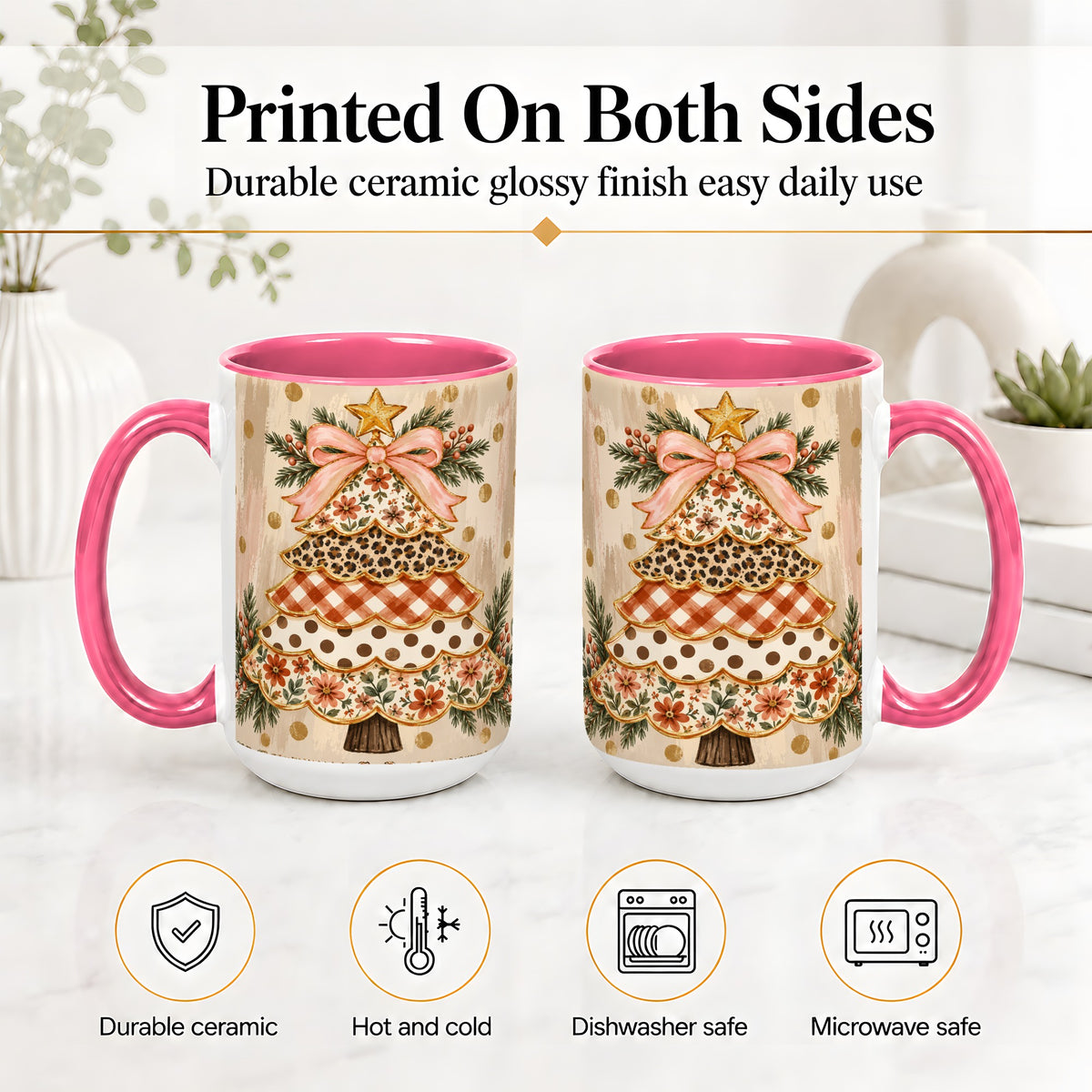 #pl[15oz|Pink] Patchwork Christmas Tree Ceramic Mug, Floral Plaid Holiday Art