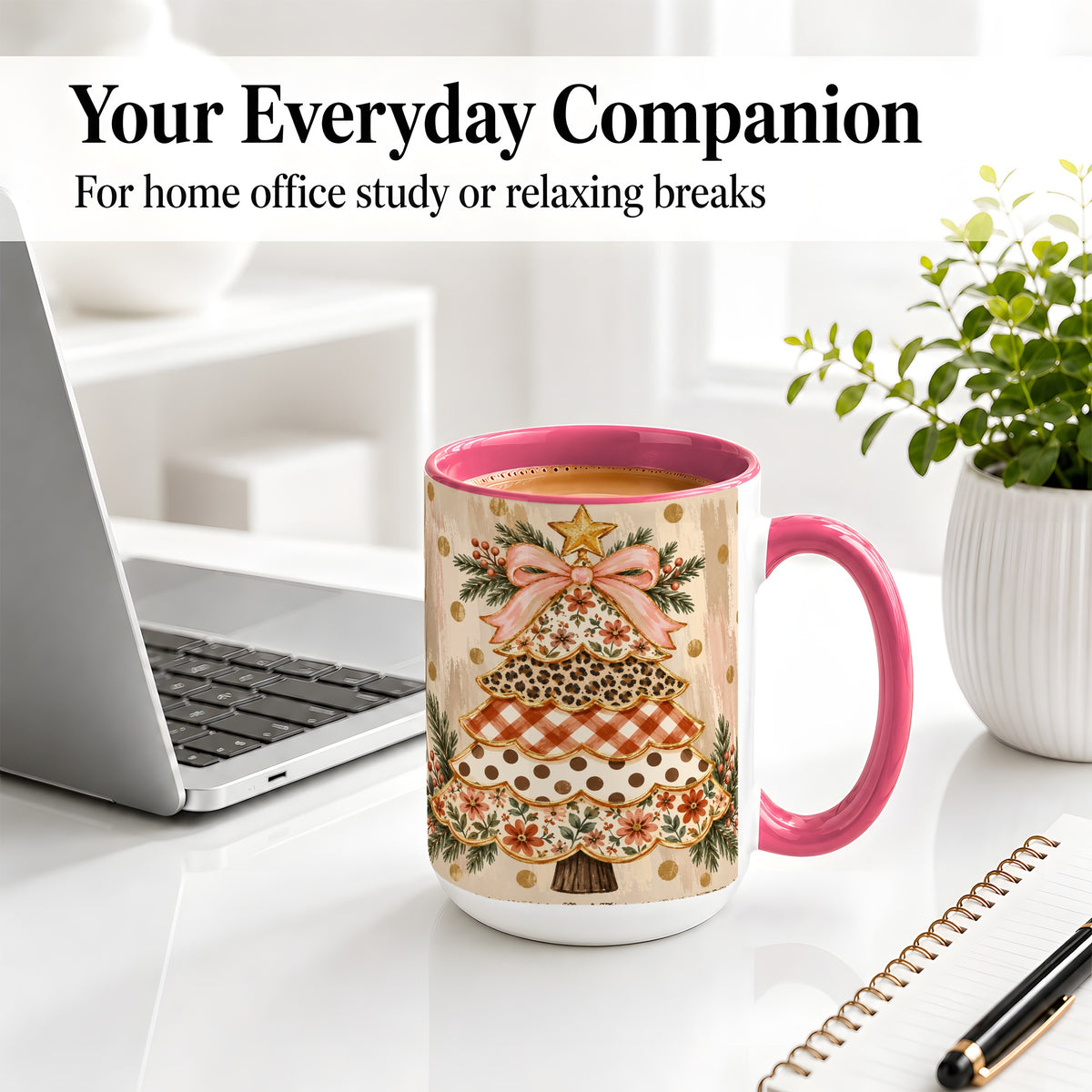 #pl[15oz|Pink] Patchwork Christmas Tree Ceramic Mug, Floral Plaid Holiday Art