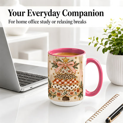 #pl[15oz|Pink] Patchwork Christmas Tree Ceramic Mug, Floral Plaid Holiday Art