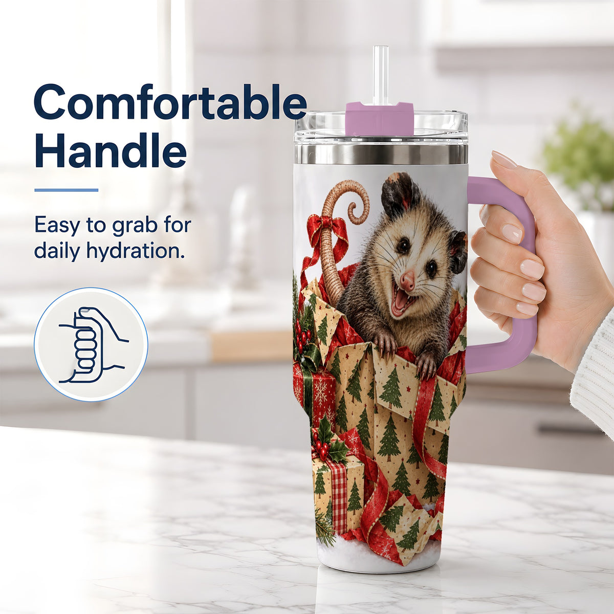 #pl[40oz|Pink] Christmas Opossum 40oz Tumbler, Festive Gift Box Animal Artwork
