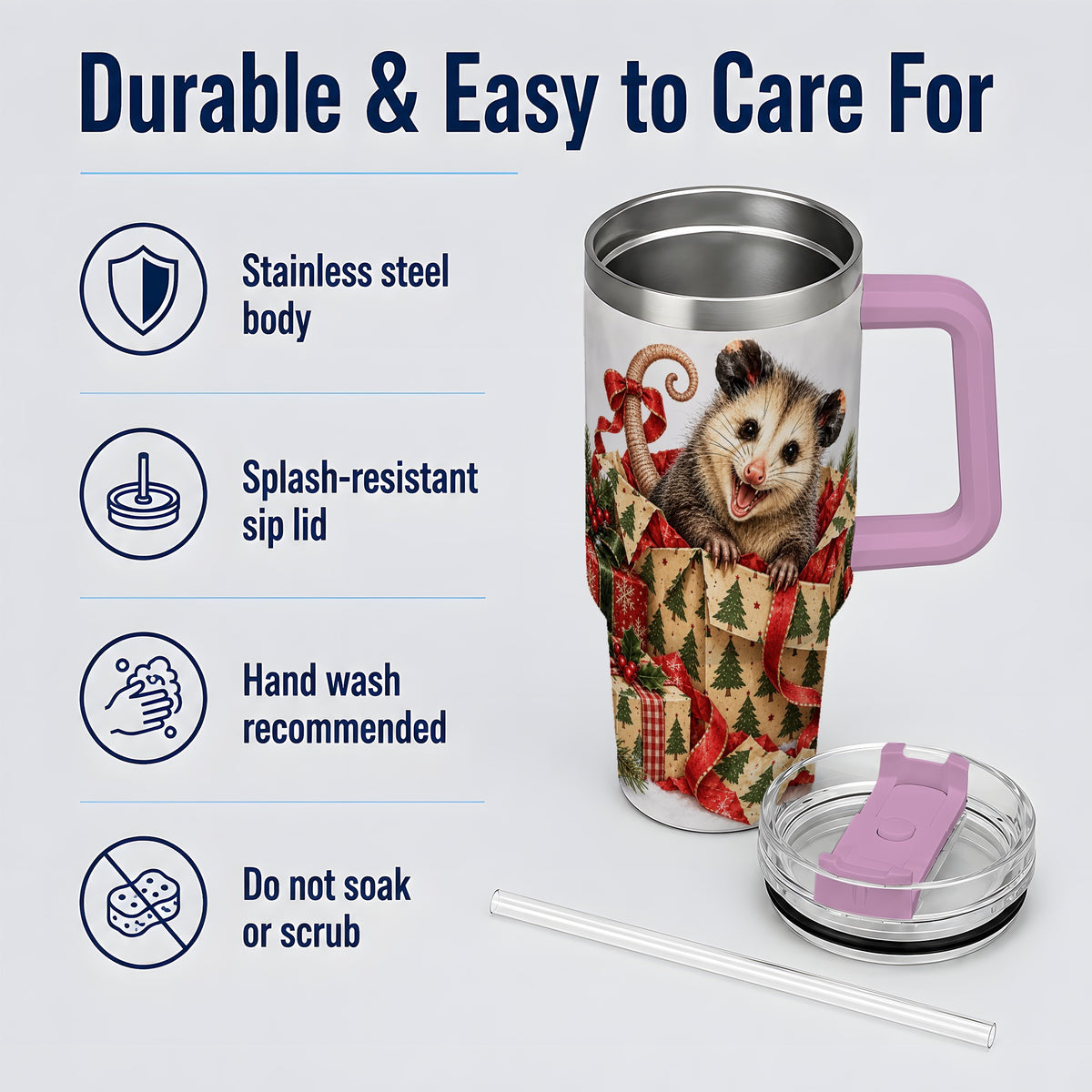 #pl[40oz|Pink] Christmas Opossum 40oz Tumbler, Festive Gift Box Animal Artwork