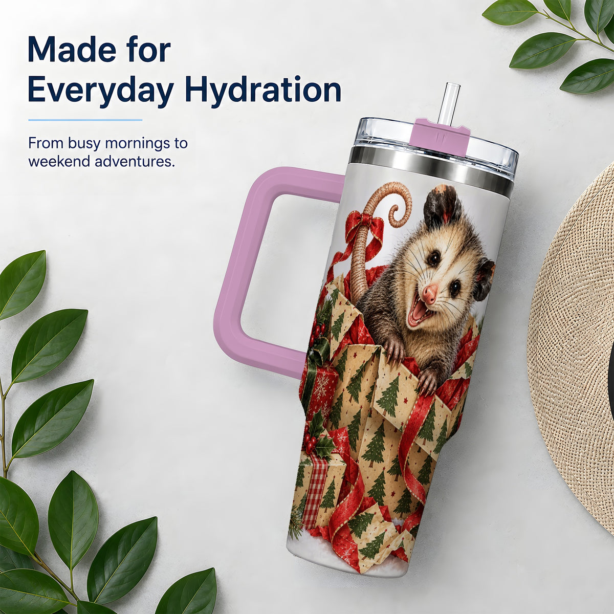 #pl[40oz|Pink] Christmas Opossum 40oz Tumbler, Festive Gift Box Animal Artwork