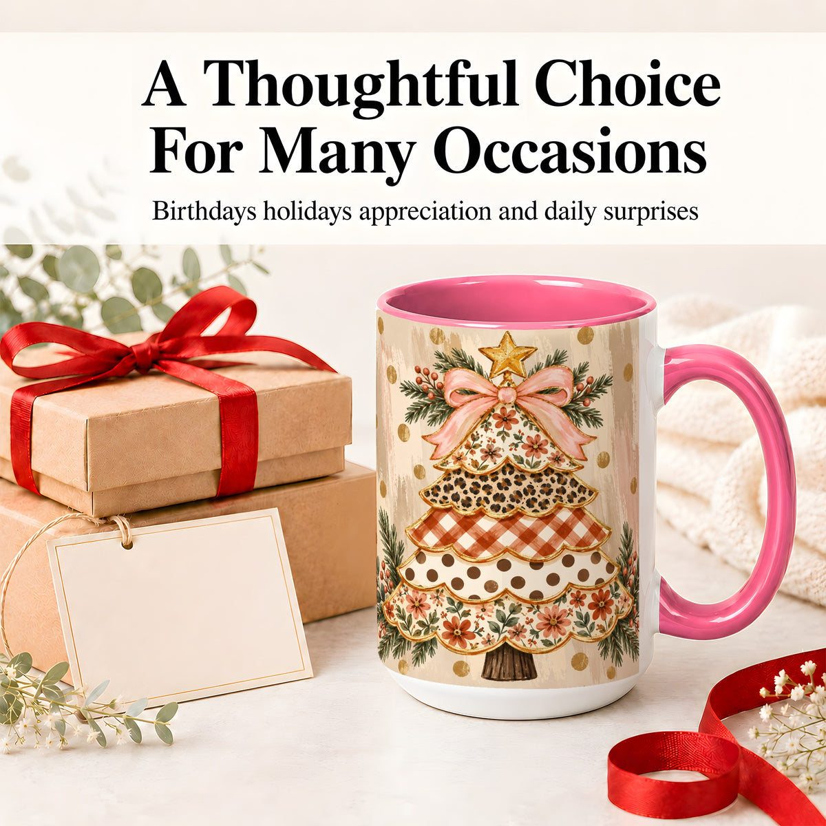 #pl[15oz|Pink] Patchwork Christmas Tree Ceramic Mug, Floral Plaid Holiday Art