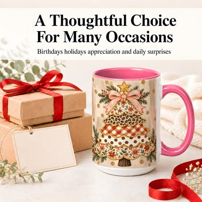 #pl[15oz|Pink] Patchwork Christmas Tree Ceramic Mug, Floral Plaid Holiday Art