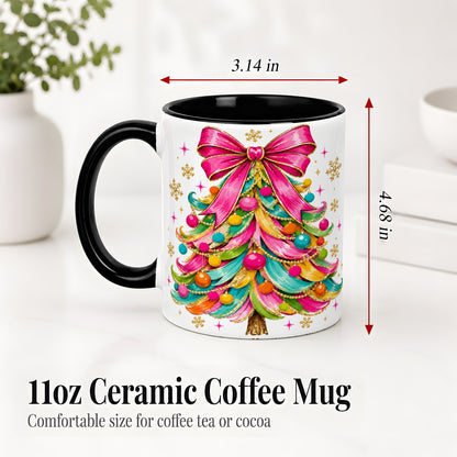 #pl[11oz|Black] Colorful Christmas Tree Ceramic Mug, Pink Bow Holiday Artwork