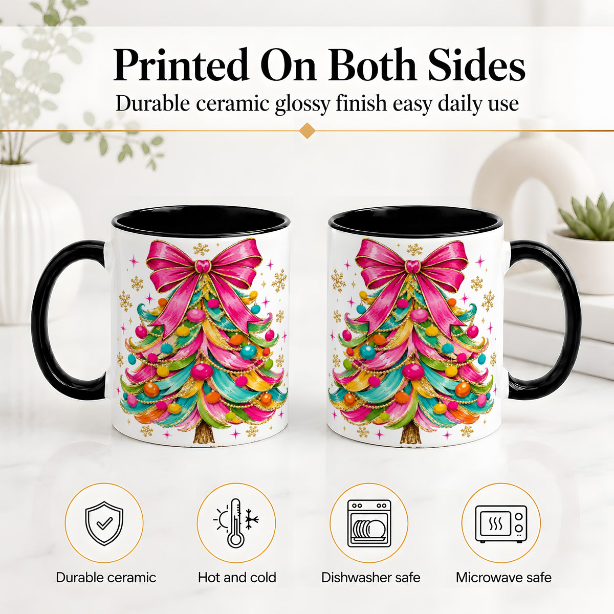 #pl[11oz|Black] Colorful Christmas Tree Ceramic Mug, Pink Bow Holiday Artwork