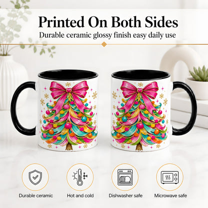 #pl[11oz|Black] Colorful Christmas Tree Ceramic Mug, Pink Bow Holiday Artwork