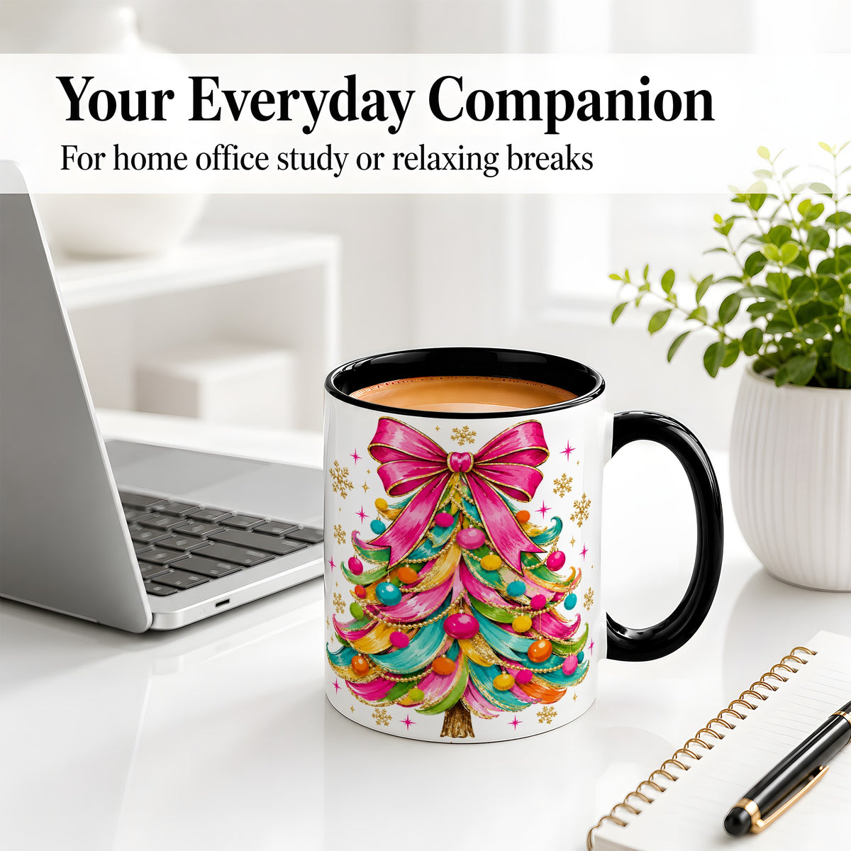 #pl[11oz|Black] Colorful Christmas Tree Ceramic Mug, Pink Bow Holiday Artwork