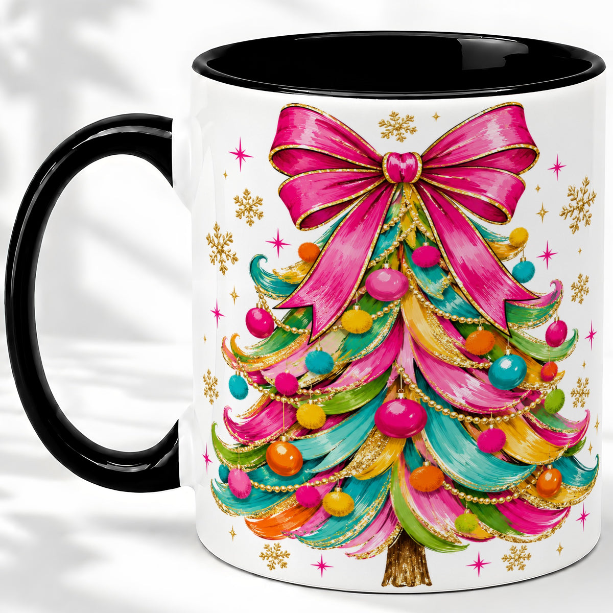 #pl[11oz|Black] Colorful Christmas Tree Ceramic Mug, Pink Bow Holiday Artwork