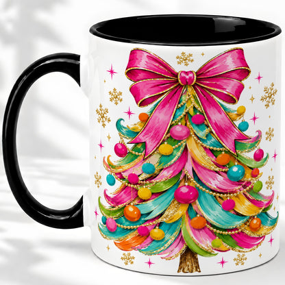 #pl[11oz|Black] Colorful Christmas Tree Ceramic Mug, Pink Bow Holiday Artwork