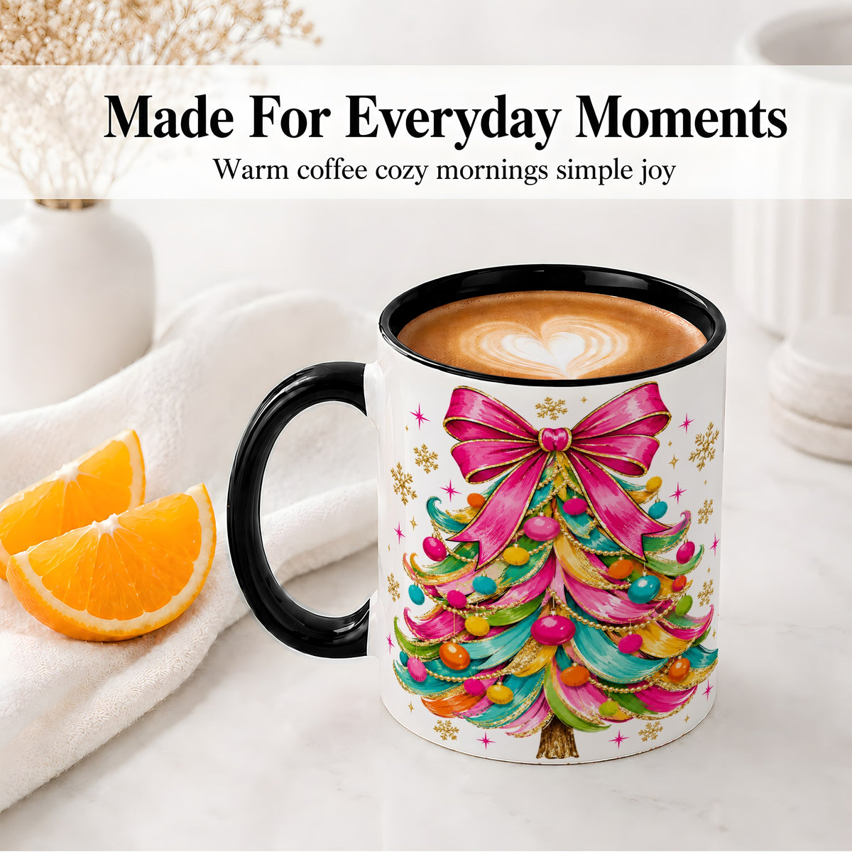 #pl[11oz|Black] Colorful Christmas Tree Ceramic Mug, Pink Bow Holiday Artwork