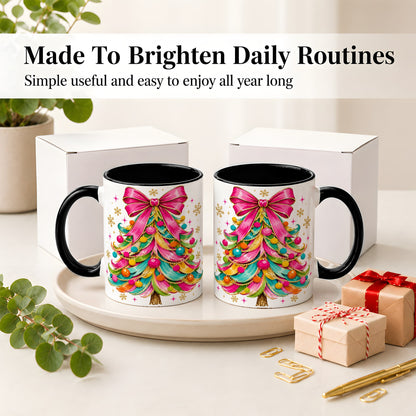 #pl[11oz|Black] Colorful Christmas Tree Ceramic Mug, Pink Bow Holiday Artwork