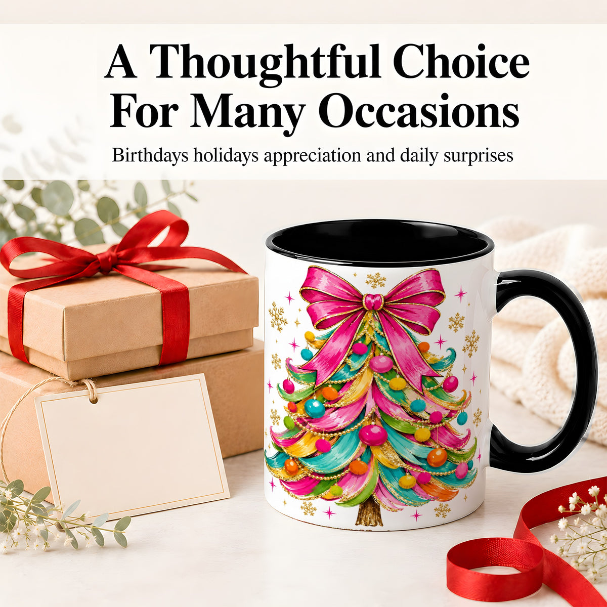 #pl[11oz|Black] Colorful Christmas Tree Ceramic Mug, Pink Bow Holiday Artwork