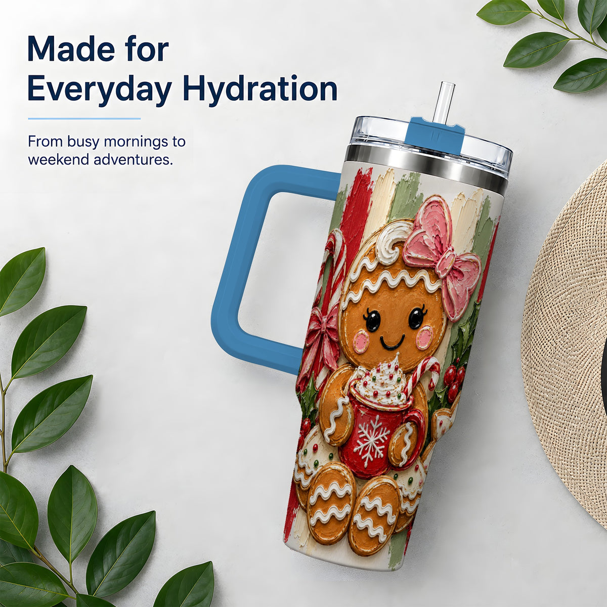 #pl[40oz|Blue] Gingerbread Girl 40oz Tumbler, Christmas Cocoa Holiday Artwork