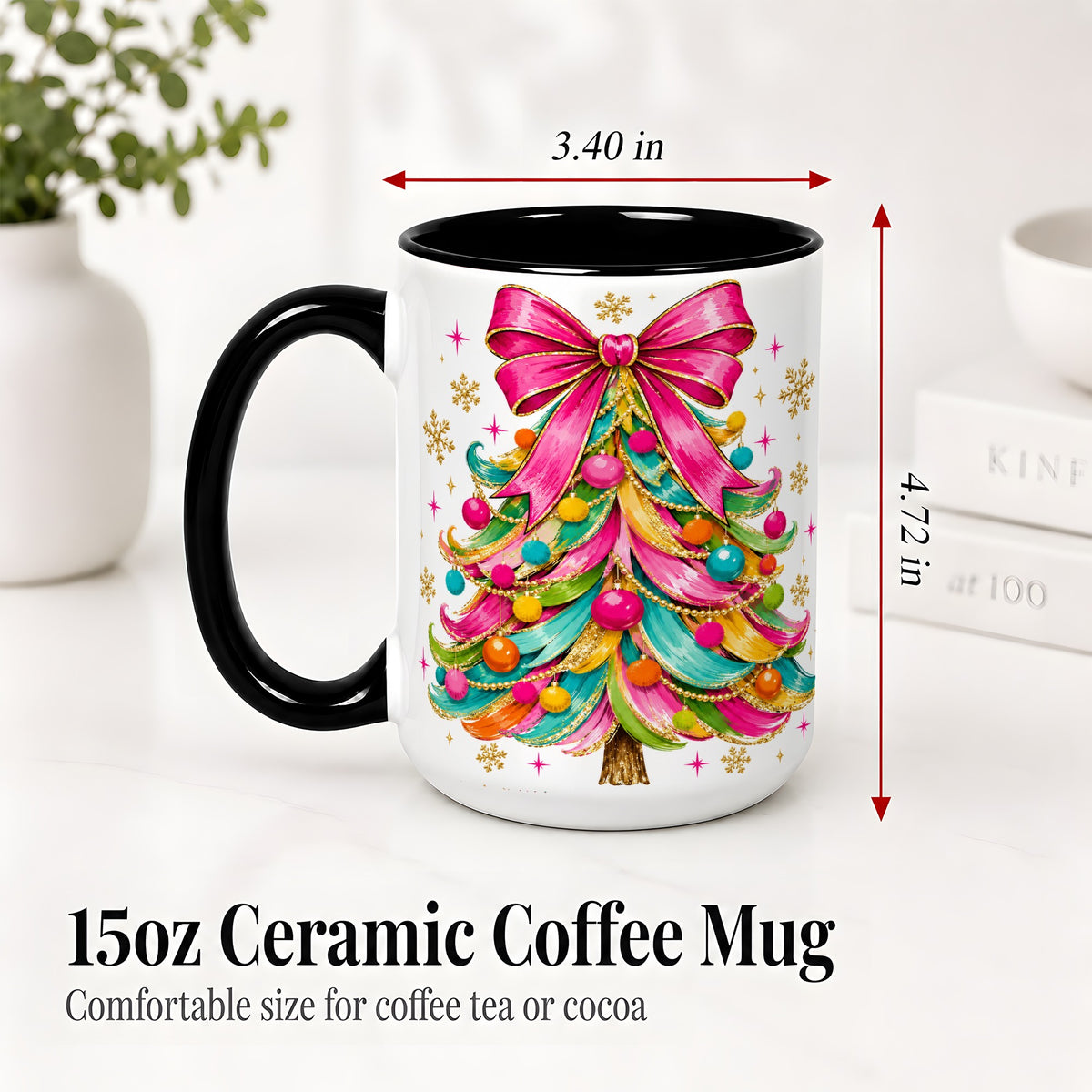 #pl[15oz|Black] Colorful Christmas Tree Ceramic Mug, Pink Bow Holiday Artwork
