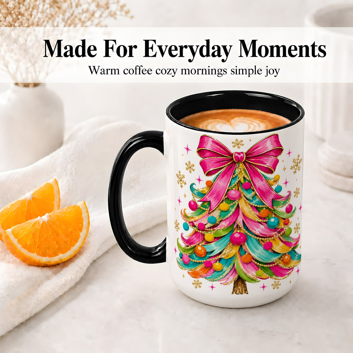 #pl[15oz|Black] Colorful Christmas Tree Ceramic Mug, Pink Bow Holiday Artwork