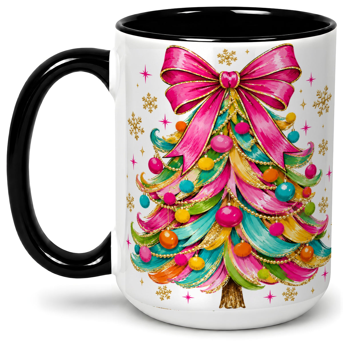 #pl[15oz|Black] Colorful Christmas Tree Ceramic Mug, Pink Bow Holiday Artwork